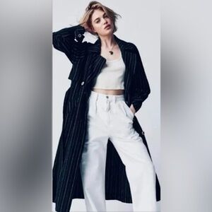 NWT Free People We The Free Melia Mac Pinstripe Trench Coat Navy & White Medium